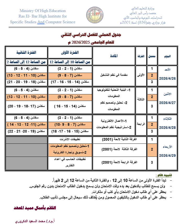 جدول العملي الفصل الدراسي الثاني